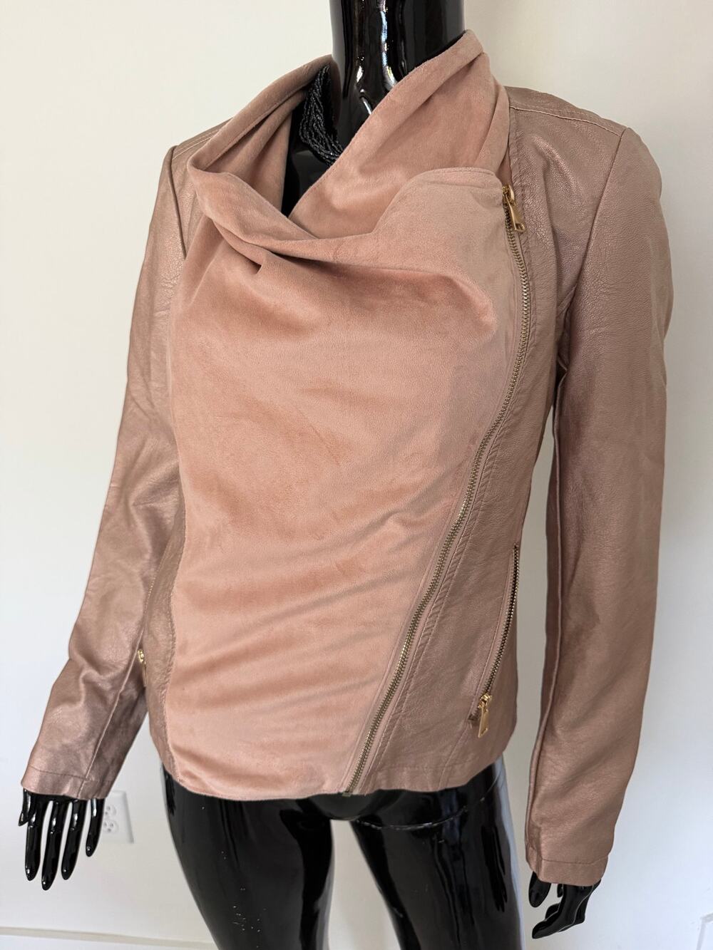 JustFab Women’s S Blush Rose Gold Faux Leather Suede Moto Jacket Draped Collar